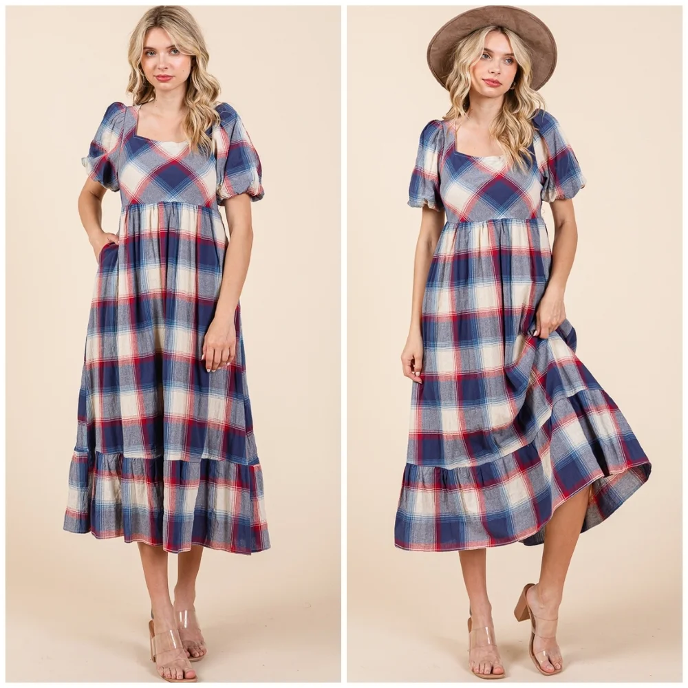 POLAGRAM Plaid Pattern Short Sleeves Midi Dress - Picture 6 of 11